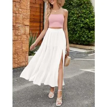 HAEOF Women's 2025 Boho A Line Flowy Summer Maxi Skirt Trendy Slit Elastic High Waist Beach Long Skirts with Pockets(White, M)