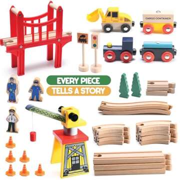Wooden Train Set Toddler Toys - 38 Pcs Wood Train Track Set for Toddlers 3-4 Years with Crane, Bridg...