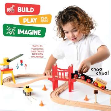 Wooden Train Set Toddler Toys - 38 Pcs Wood Train Track Set for Toddlers 3-4 Years with Crane, Bridge & Accessories - Compatible with All Major Brands