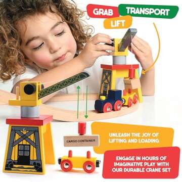 Wooden Train Set Toddler Toys - 38 Pcs Wood Train Track Set for Toddlers 3-4 Years with Crane, Bridge & Accessories - Compatible with All Major Brands