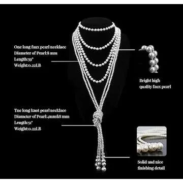 Cizoe 1920s Pearls Necklace Fashion Faux Pearls Gatsby Accessories Vintage Costume Jewelry Cream Long Necklace for Women(B-a-knot Pearl Necklace*2 + 59" Necklace*1-white)