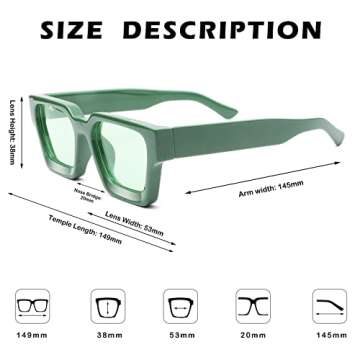 Thick Retro Square Sunglasses for Men Women Chunky Simple Designer Style Rectangle Shades with UV400 Protection(Green Frame/Green Lens)