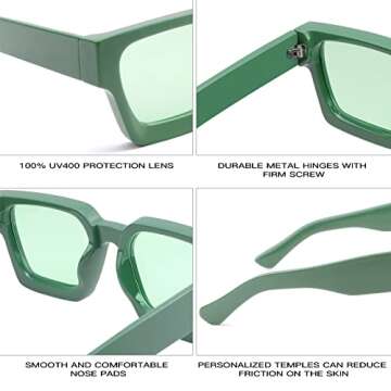 Thick Retro Square Sunglasses for Men Women Chunky Simple Designer Style Rectangle Shades with UV400 Protection(Green Frame/Green Lens)