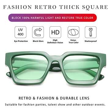 Thick Retro Square Sunglasses for Men Women Chunky Simple Designer Style Rectangle Shades with UV400 Protection(Green Frame/Green Lens)