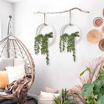 CEWOR 2pcs Artificial Hanging Succulent Plants, Fake String of Pearls in Pot with Lanyard Boho Wall Decor for Bathroom Living Room Home Indoor Outdoor Decorations, White