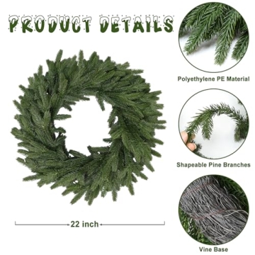 LZNPA 22 Inch Realistic Christmas Wreath for Holiday Decor
