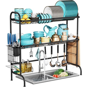 MOUKABAL Stainless Steel 2 Tier Over The Sink Dish Drainer Drying Rack with Utensil Holder, Space-Sa...