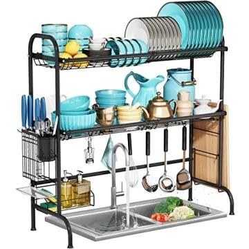 MOUKABAL Stainless Steel 2 Tier Over The Sink Dish Drainer Drying Rack with Utensil Holder, Space-Sa...
