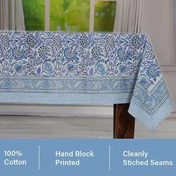 CPC Tablecloth 100% Cotton 60x60 Inch Indian Block Print Square Table Cover, Table Cloth for Weddings, Spring/Summer, Barbeque - Indigo Blue