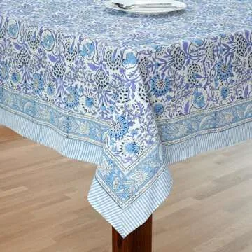 CPC Tablecloth 100% Cotton 60x60 Inch Indian Block Print Square Table Cover, Table Cloth for Weddings, Spring/Summer, Barbeque - Indigo Blue