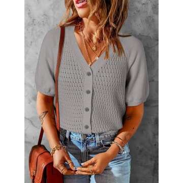 Dokotoo Women Summer Tops 2024 Trendy V Neck Crop Dressy Casual Trendy Knit Button Down Shirts Short...