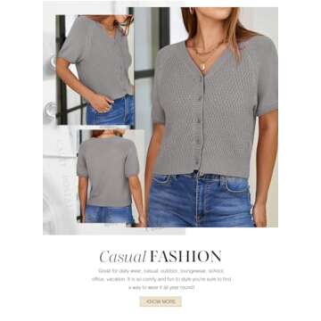 Dokotoo Women Summer Tops 2024 Trendy V Neck Crop Dressy Casual Trendy Knit Button Down Shirts Short Sleeves Blouses Plus Size,Light Grey XX-Large