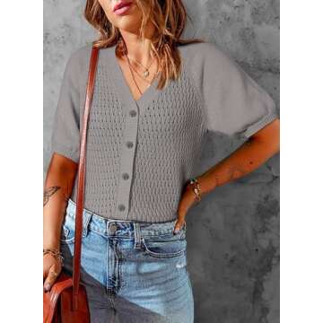 Dokotoo Women Summer Tops 2024 Trendy V Neck Crop Dressy Casual Trendy Knit Button Down Shirts Short Sleeves Blouses Plus Size,Light Grey XX-Large