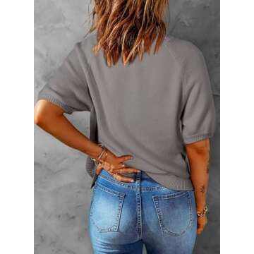 Dokotoo Women Summer Tops 2024 Trendy V Neck Crop Dressy Casual Trendy Knit Button Down Shirts Short Sleeves Blouses Plus Size,Light Grey XX-Large