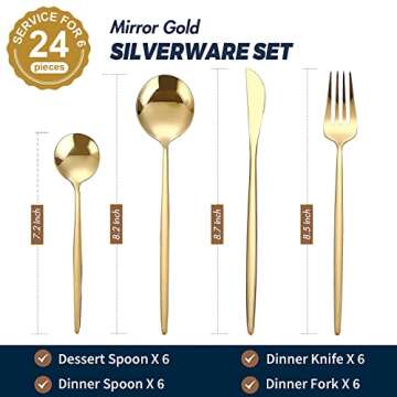 24-Piece Gold Silverware Set Gold Flatware Set for 6, Gold Spoons and Forks Set, Stainless Steel Gold Cutlery Set for Home Kitchen Restaurant Wedding, Mirror Polished Utensils Set, Dishwasher Safe