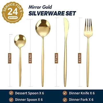 24-Piece Gold Silverware Set Gold Flatware Set for 6, Gold Spoons and Forks Set, Stainless Steel Gold Cutlery Set for Home Kitchen Restaurant Wedding, Mirror Polished Utensils Set, Dishwasher Safe