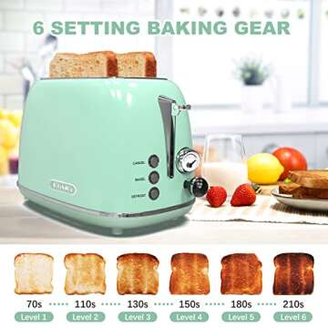 Toaster 2 slice,Retro Stainless Steel Toaster with 6 Settings, 1.5 In Extra Wide Slots, Bagel/Defrost/Cancel Function, Removable Crumb Tray (Mint green)