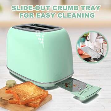 Toaster 2 slice,Retro Stainless Steel Toaster with 6 Settings, 1.5 In Extra Wide Slots, Bagel/Defrost/Cancel Function, Removable Crumb Tray (Mint green)