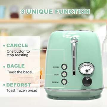 Toaster 2 slice,Retro Stainless Steel Toaster with 6 Settings, 1.5 In Extra Wide Slots, Bagel/Defrost/Cancel Function, Removable Crumb Tray (Mint green)