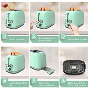 Toaster 2 slice,Retro Stainless Steel Toaster with 6 Settings, 1.5 In Extra Wide Slots, Bagel/Defrost/Cancel Function, Removable Crumb Tray (Mint green)
