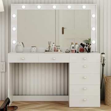 Boahaus Diana Large Makeup Vanity Desk w/Mirror, Hollywood Lights, 7 Drawers, USB Type-C & Type-A, Power Outlet, Crystal Knobs, Modern Premium Vanity Desk for Teens, Adults – White