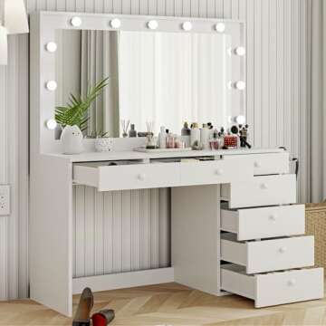 Boahaus Diana Large Makeup Vanity Desk w/Mirror, Hollywood Lights, 7 Drawers, USB Type-C & Type-A, Power Outlet, Crystal Knobs, Modern Premium Vanity Desk for Teens, Adults – White