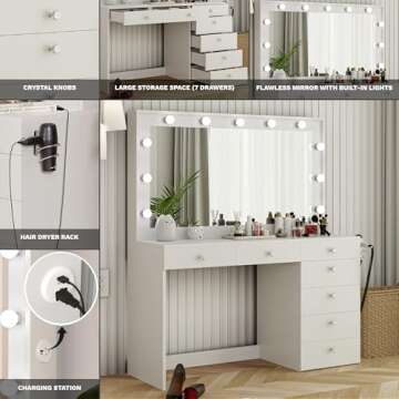 Boahaus Diana Large Makeup Vanity Desk w/Mirror, Hollywood Lights, 7 Drawers, USB Type-C & Type-A, Power Outlet, Crystal Knobs, Modern Premium Vanity Desk for Teens, Adults – White