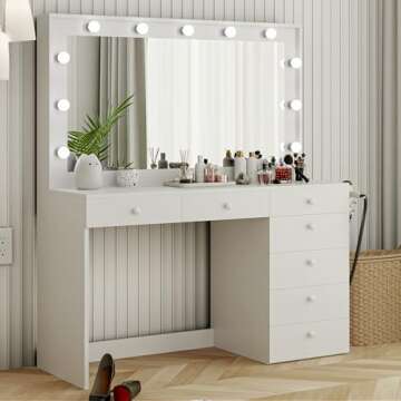 Boahaus Diana Large Makeup Vanity Desk w/Mirror, Hollywood Lights, 7 Drawers, USB Type-C & Type-A, Power Outlet, Crystal Knobs, Modern Premium Vanity Desk for Teens, Adults – White