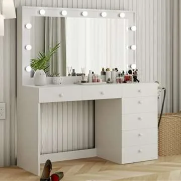 Boahaus Diana Large Makeup Vanity Desk w/Mirror, Hollywood Lights, 7 Drawers, USB Type-C & Type-A, Power Outlet, Crystal Knobs, Modern Premium Vanity Desk for Teens, Adults – White