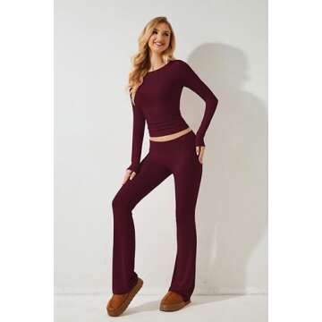 MISSACTIVER Women's Two Piece Outfit Basic Long Sleeve Crop Top and Low Rise Flare Pants Set Lounge 2 Piece Yoga Tracksuit (Burgundy, X-Small)