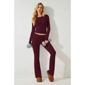 MISSACTIVER Women's Two Piece Outfit Basic Long Sleeve Crop Top and Low Rise Flare Pants Set Lounge 2 Piece Yoga Tracksuit (Burgundy, X-Small)