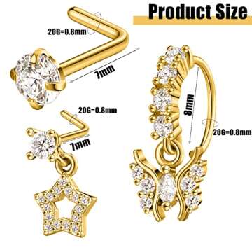 Trnayi 30 Pcs 20g Dangle Nose Rings Hoops l Shaped Dangling Nose Piercings Jewelry for Women Cute No...