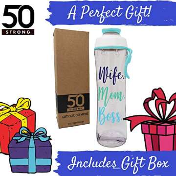 24 oz. BPA Free Reusable Water Bottle with Time Marker - Motivational Fitness Bottles - Hours Marked - Drink More Water Daily - Tracker Helps You Drink Water All Day - Made in USA (Wife Mom Boss)