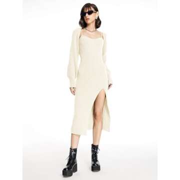CIDER 2 Piece Sweater Dresses for Women Winter Slit Long Sleeve Womens Midi Dress Pullover Bodycon Wedding Guest Outfits Off-White