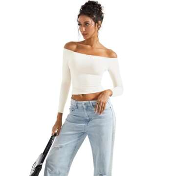 SUUKSESS Women Off The Shoulder Double Lined Long Sleeve Shirts Fitted Y2k Basic Going Out Tops (Pearl, S)