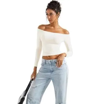 SUUKSESS Women Off The Shoulder Double Lined Long Sleeve Shirts Fitted Y2k Basic Going Out Tops (Pearl, S)