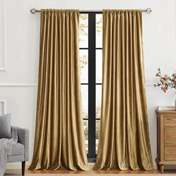 PRIMROSE Golden Velvet Curtains 96 inch Long for Living Room,Set of 2 Panels Blackout Rod Pocket Back Tab Window Treatment Room Darkening Heavy Decorative Curtains Drapes for Bedroom