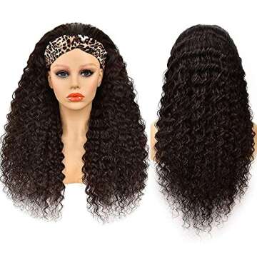 Headband Wig Human Hair Water Wave Headband Wigs for Black Women Glueless Curly Wave Wet and Wavy He...