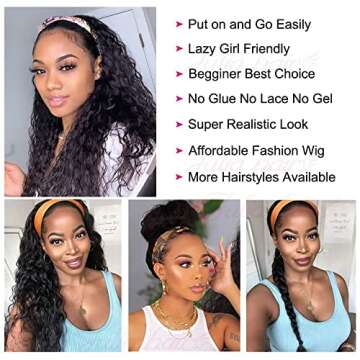 Headband Wig Human Hair Water Wave Headband Wigs for Black Women Glueless Curly Wave Wet and Wavy Headband Wigs Human Hair 10A None Lace Front Wigs Easy to Wear Wig 180% Density Natural Color 22inch