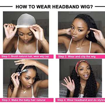 Headband Wig Human Hair Water Wave Headband Wigs for Black Women Glueless Curly Wave Wet and Wavy Headband Wigs Human Hair 10A None Lace Front Wigs Easy to Wear Wig 180% Density Natural Color 22inch