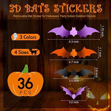 Clabby 36 Pcs Halloween 3D Bats Wall Decor Bat Wall Stickers Reusable PVC Halloween Wall Decal Stick...