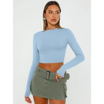 Baby Blue Long Sleeve Crop Tops for Women 2024