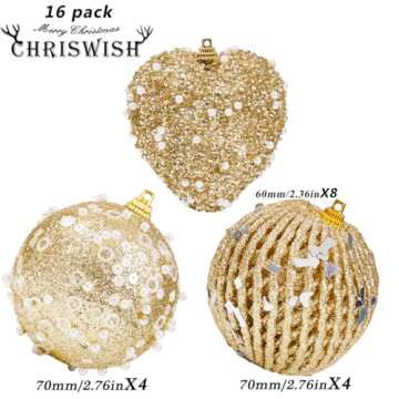 ChrisWish 16PCS Gold Heart Ornaments&Christmas Ball Ornaments, Christmas Ball Decorations Shatterpro...