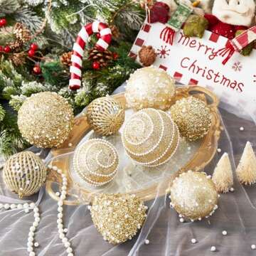 ChrisWish 16PCS Gold Heart Ornaments&Christmas Ball Ornaments, Christmas Ball Decorations Shatterproof Plastic Hanging Pearl Balls for Holiday Party