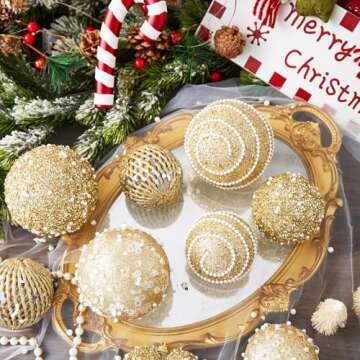 ChrisWish 16PCS Gold Heart Ornaments&Christmas Ball Ornaments, Christmas Ball Decorations Shatterproof Plastic Hanging Pearl Balls for Holiday Party