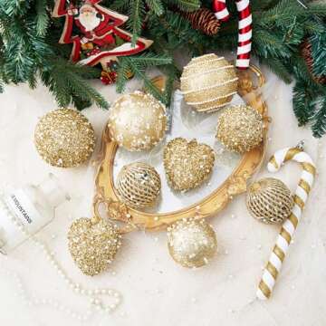 ChrisWish 16PCS Gold Heart Ornaments&Christmas Ball Ornaments, Christmas Ball Decorations Shatterproof Plastic Hanging Pearl Balls for Holiday Party