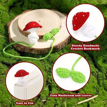 Vansolinne 2 Pcs Cute Crochet Mushrooms Leaves Bookmark Red and Brown Sprout Plant Bookmarks for Teacher Appreciation Mothers Day Stocking Stuffers Gifts for Readers Book Lovers Cottagecore Decor