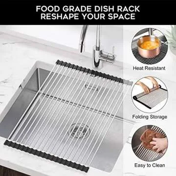 Roll Up Over The Sink Dish Drying Rack Kitchen Rolling Dish Drainer, Foldable Sink Rack Mat Stainless Steel Wire for Kitchen Sink Counter (17.8"x11.8")