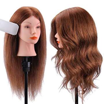 Mannequin Head with 100% Human Hair, TopDirect 18" Dark Brown Real Hair Cosmetology Mannequin Head Hair Styling Hairdressing Practice Training Doll Head with Clamp Holder and Tools