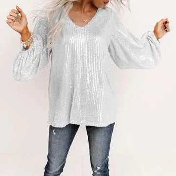 MAYSTEPPE Women Sequin Top Sexy V Neck Balloon Long Sleeve Sequin Shirt Sparkly Glitter Party Tops B...
